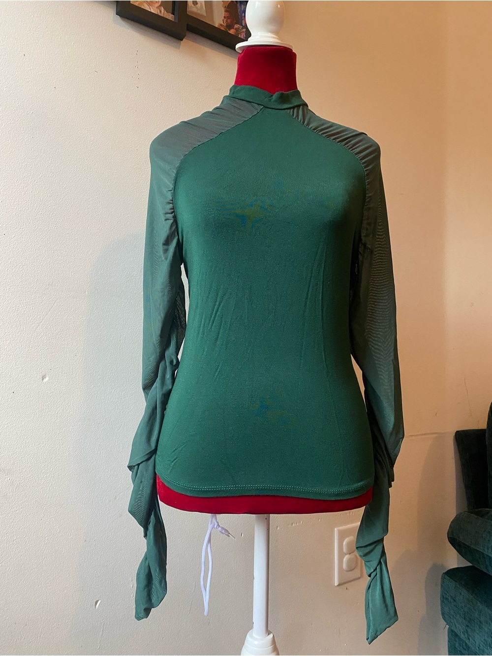 SHEIN Forest Green Long-Sleeve Mock Neck Top with Shear Sleeves